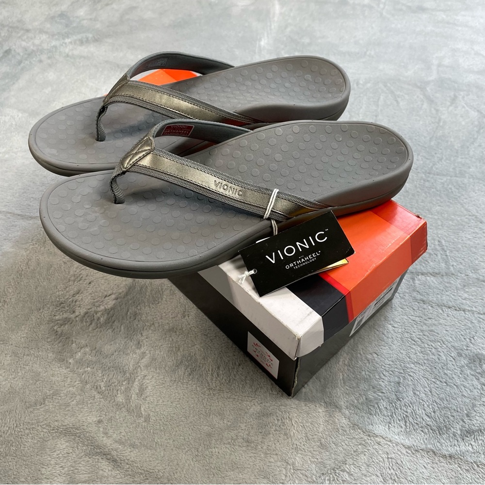 Vionicā Sandals Flip Flops 12 Womenās New Pewter Metallic Gray Orthaheel